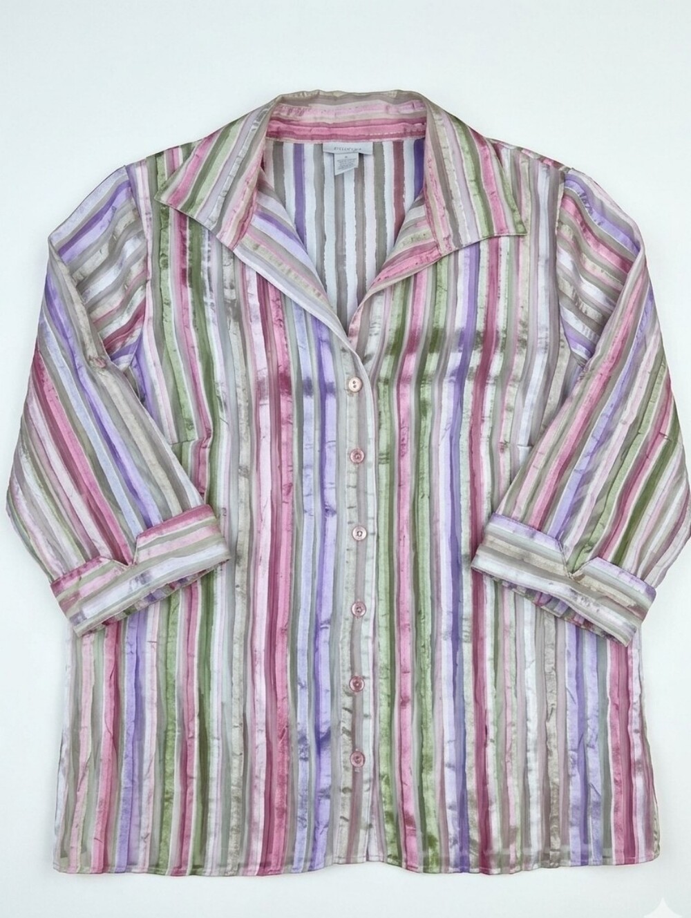 🔺️Dress Barn Metallic Pastel Striped Button Front 3/4 Sleeve Top Size 1X